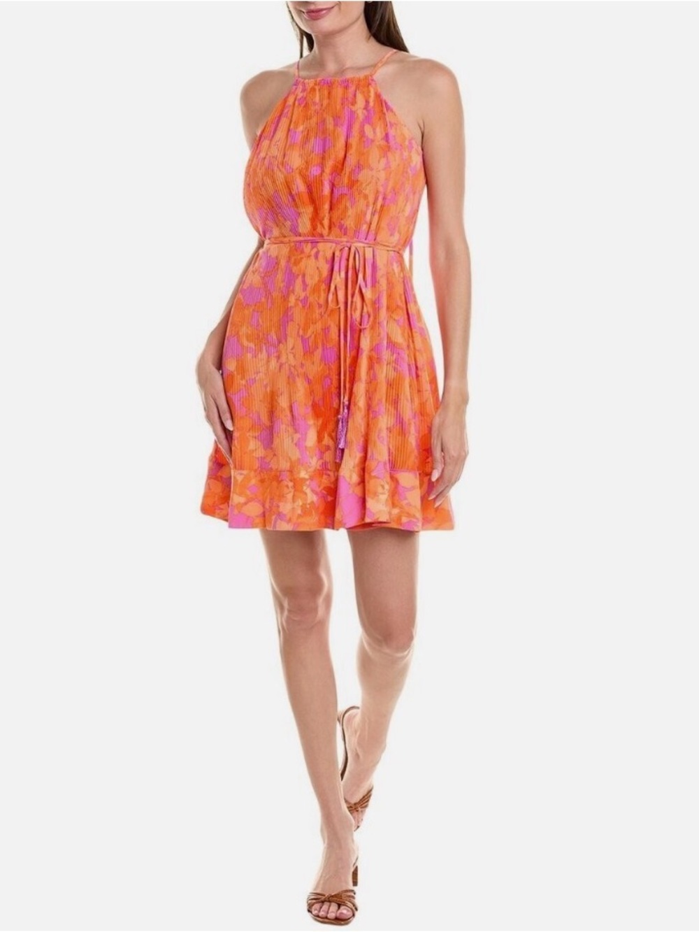 Taylor Orange & Purple Floral Pleated Halter Mini Dress